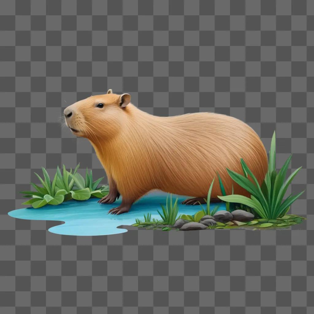 cute capybara drawing in a green background