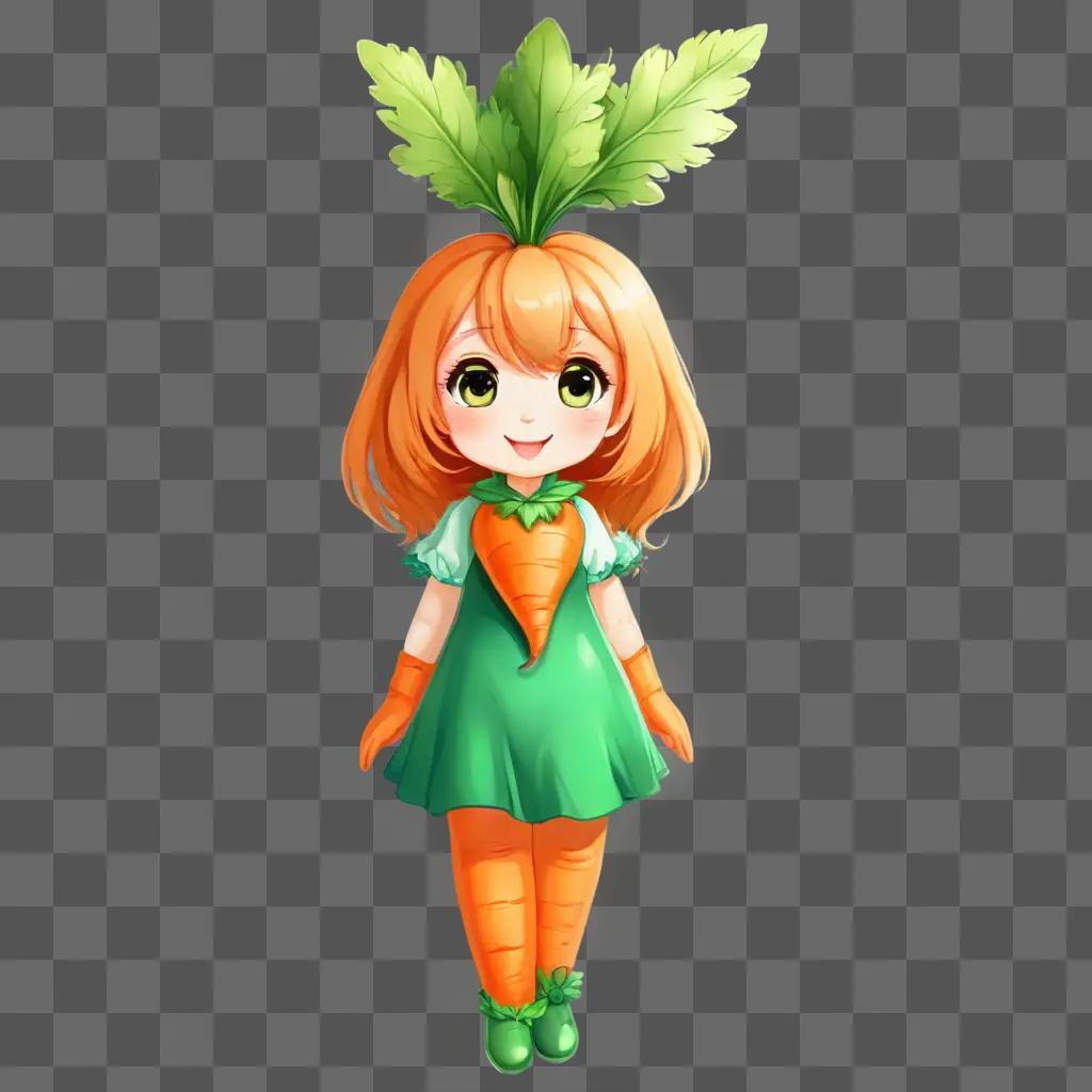 cute carrot drawing A cartoon girl with a carrot head stands on a green background