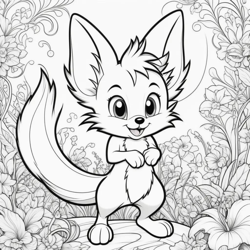 cute cartoon fox with long tails on a coloring page