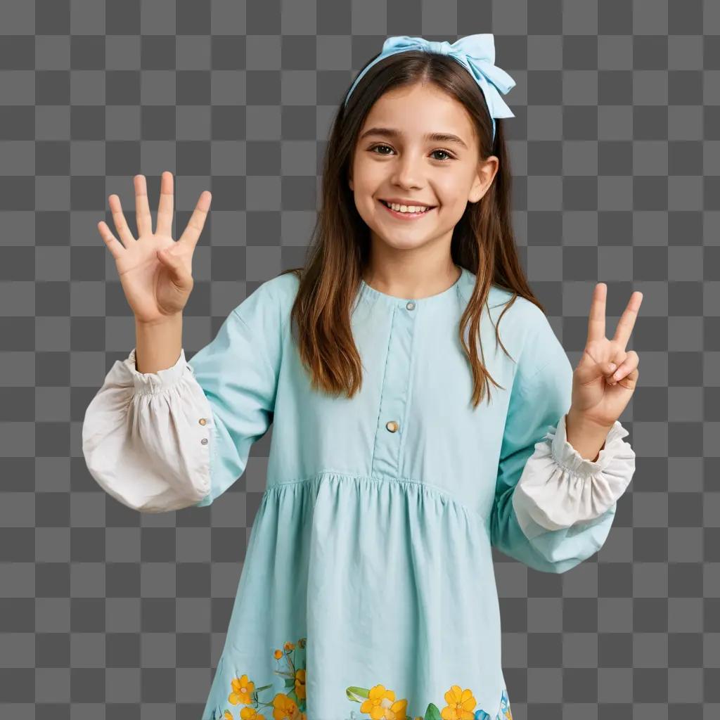 cute cartoon girl A young girl with a flower dress makes a peace sign