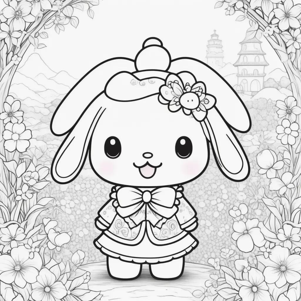 cute cartoon girl in a bow in a flower garden