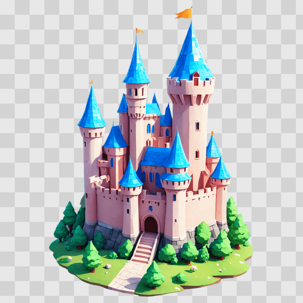 cute castle drawing A 3D rendering of a castle with trees and a flag