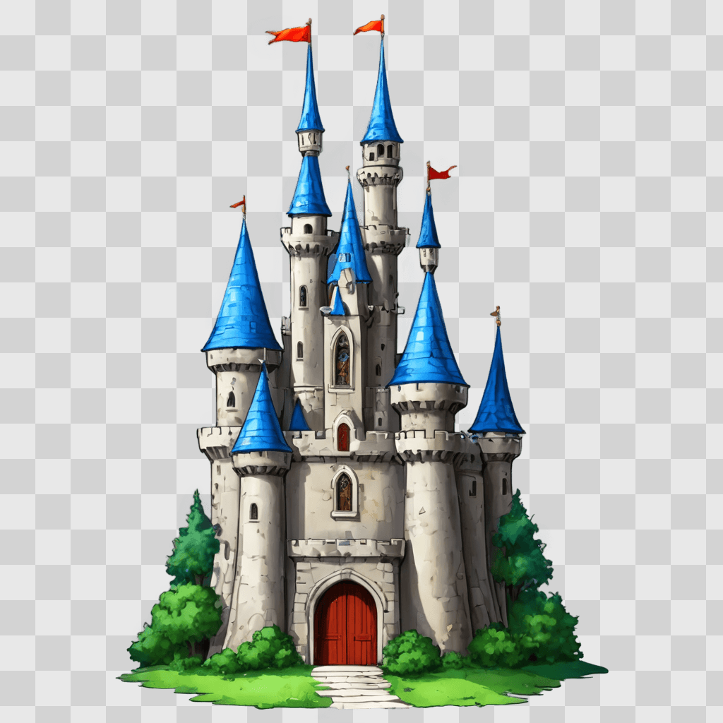 cute castle drawing A cartoon castle with a blue roof and red doors