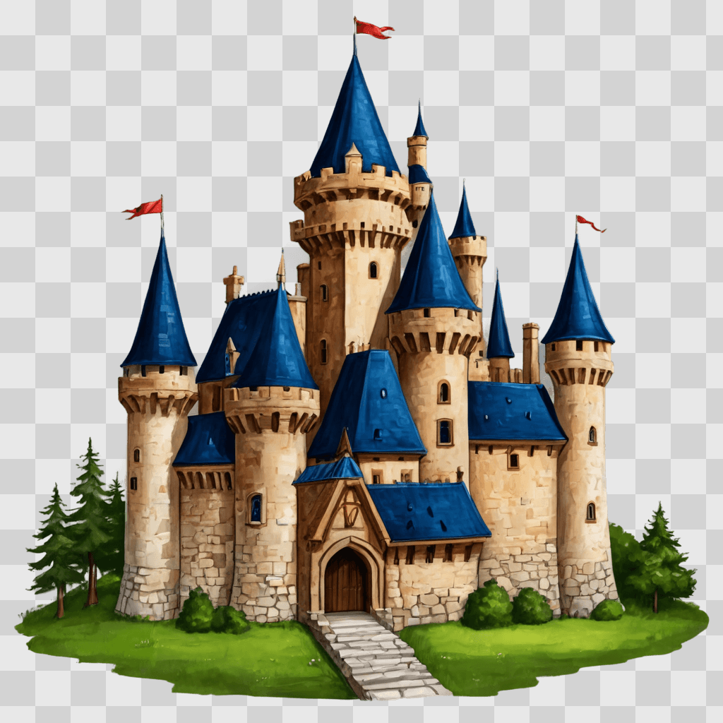 cute castle drawing A cartoon castle with a green grassy background