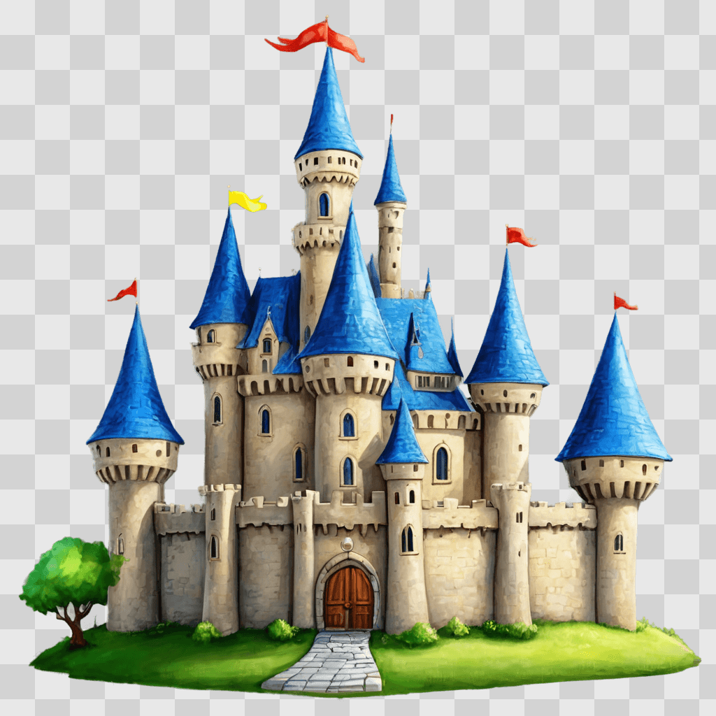 cute castle drawing A cartoon castle with four flags on top