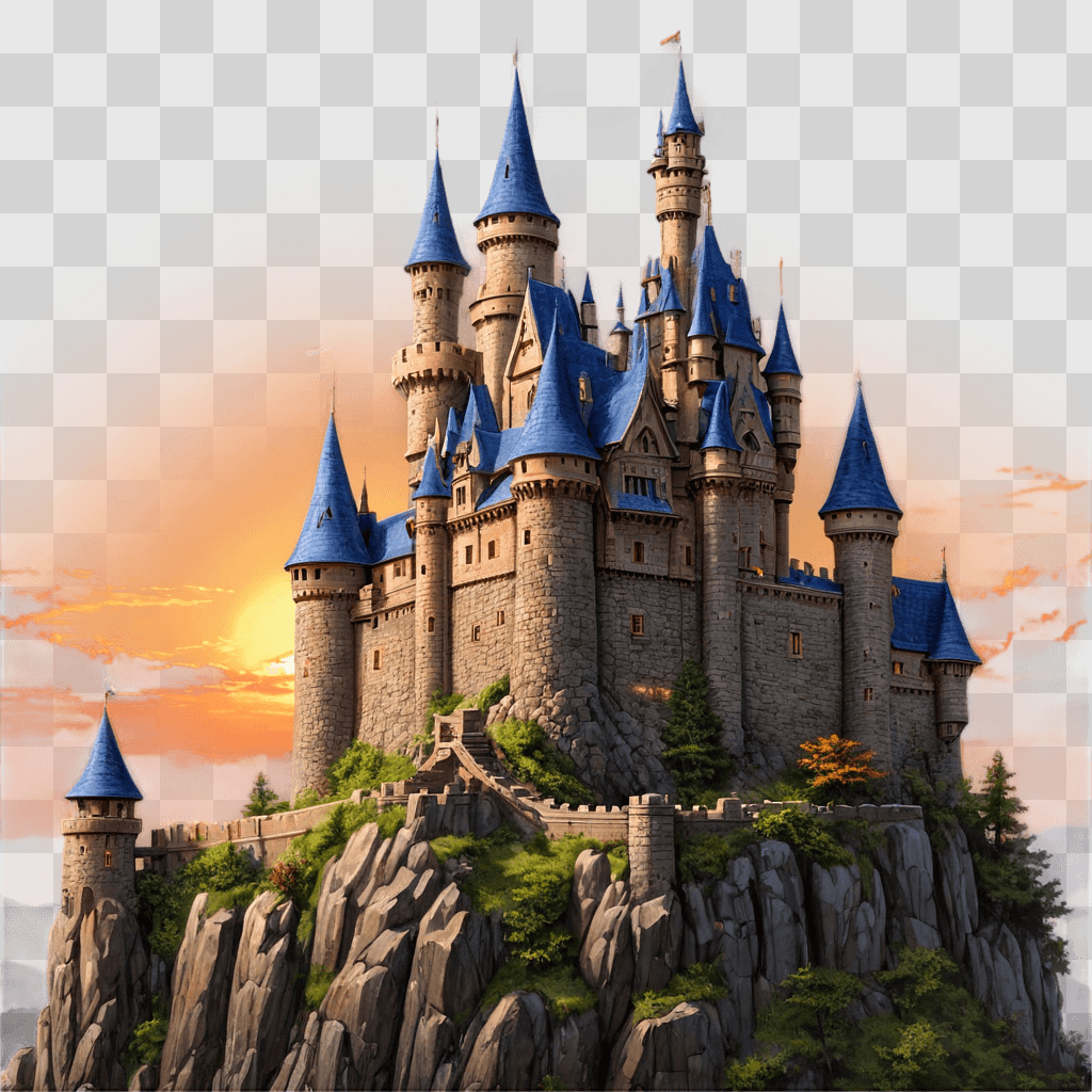 cute castle drawing A castle with a blue roof and turrets sits atop a cliff