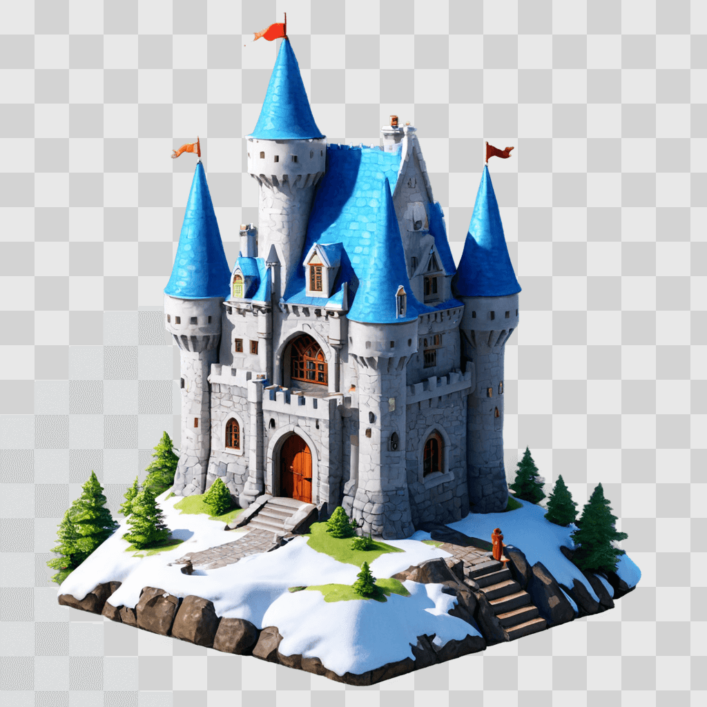 cute castle drawing A castle with snow and flags in a 3D rendering