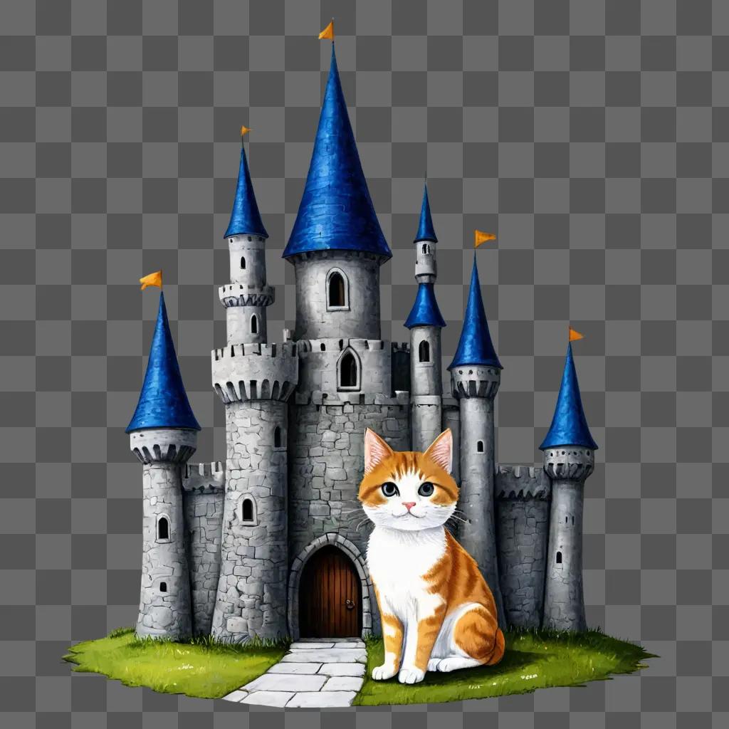 cute castle drawing A cat sits in front of a castle