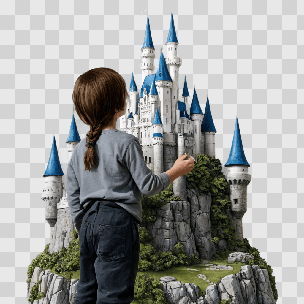 cute castle drawing A child looks at a blue castle in a forest