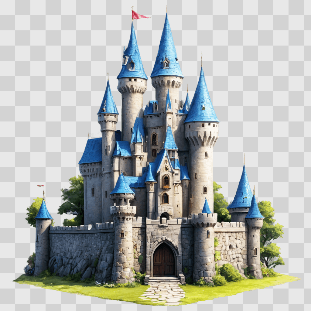 cute castle drawing A stone castle with blue roofs and a red flag