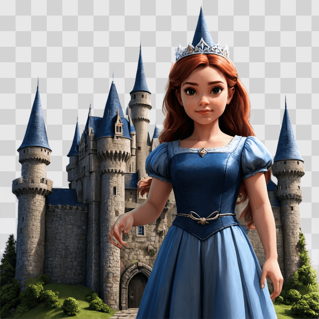 cute castle drawing Princess in a blue dress stands in front of castle