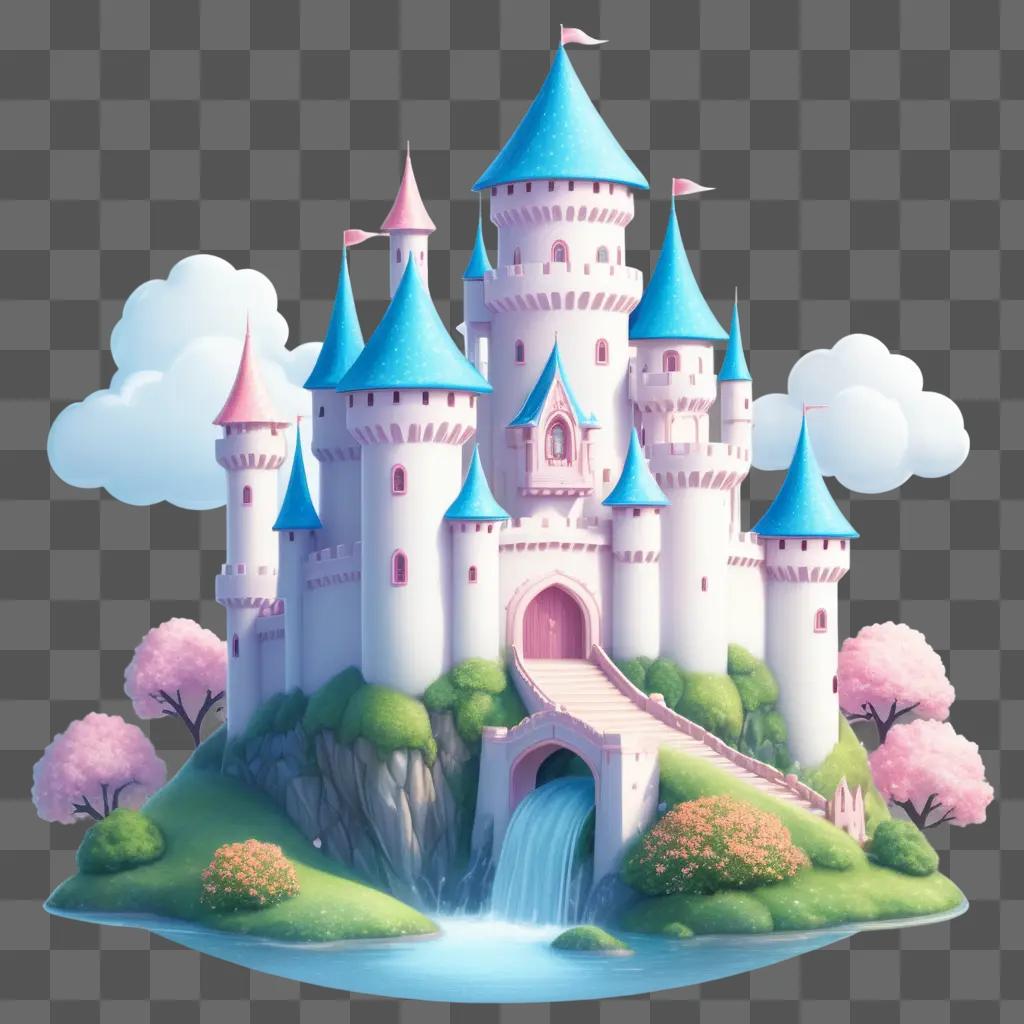 cute castle drawing with a waterfall