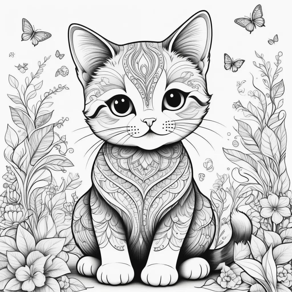 cute cat coloring page featuring a black and white cat sitting among flowers and butterflies