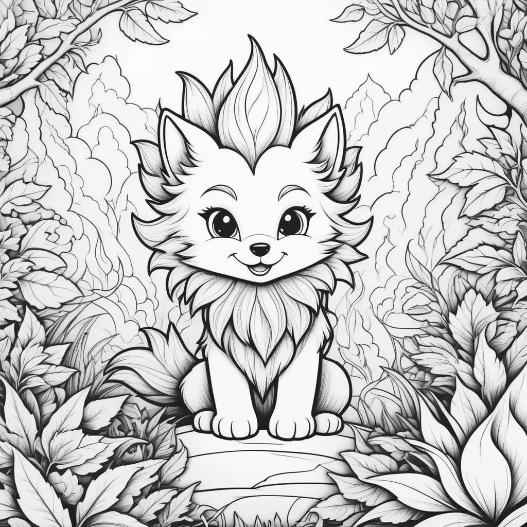 cute cat coloring page with a fire-themed background