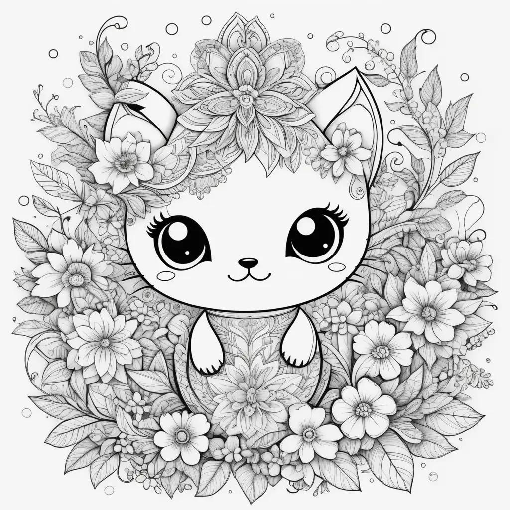 cute cat coloring page with a flower crown