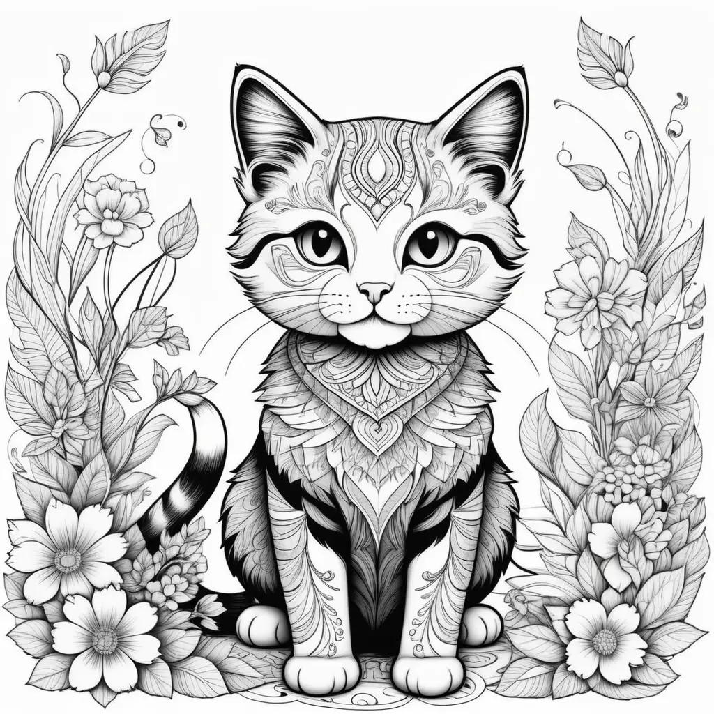 cute cat coloring page with flowers in the background