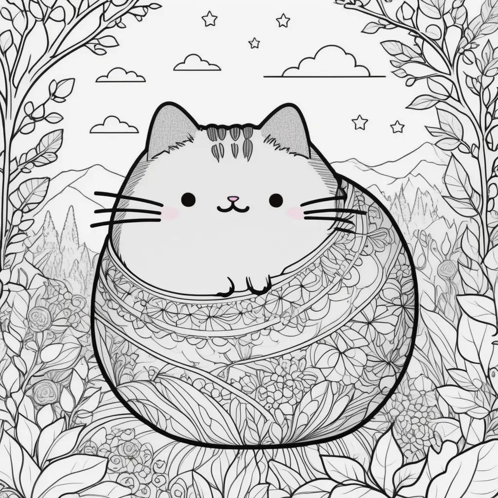 cute cat in a floral pattern with stars and clouds