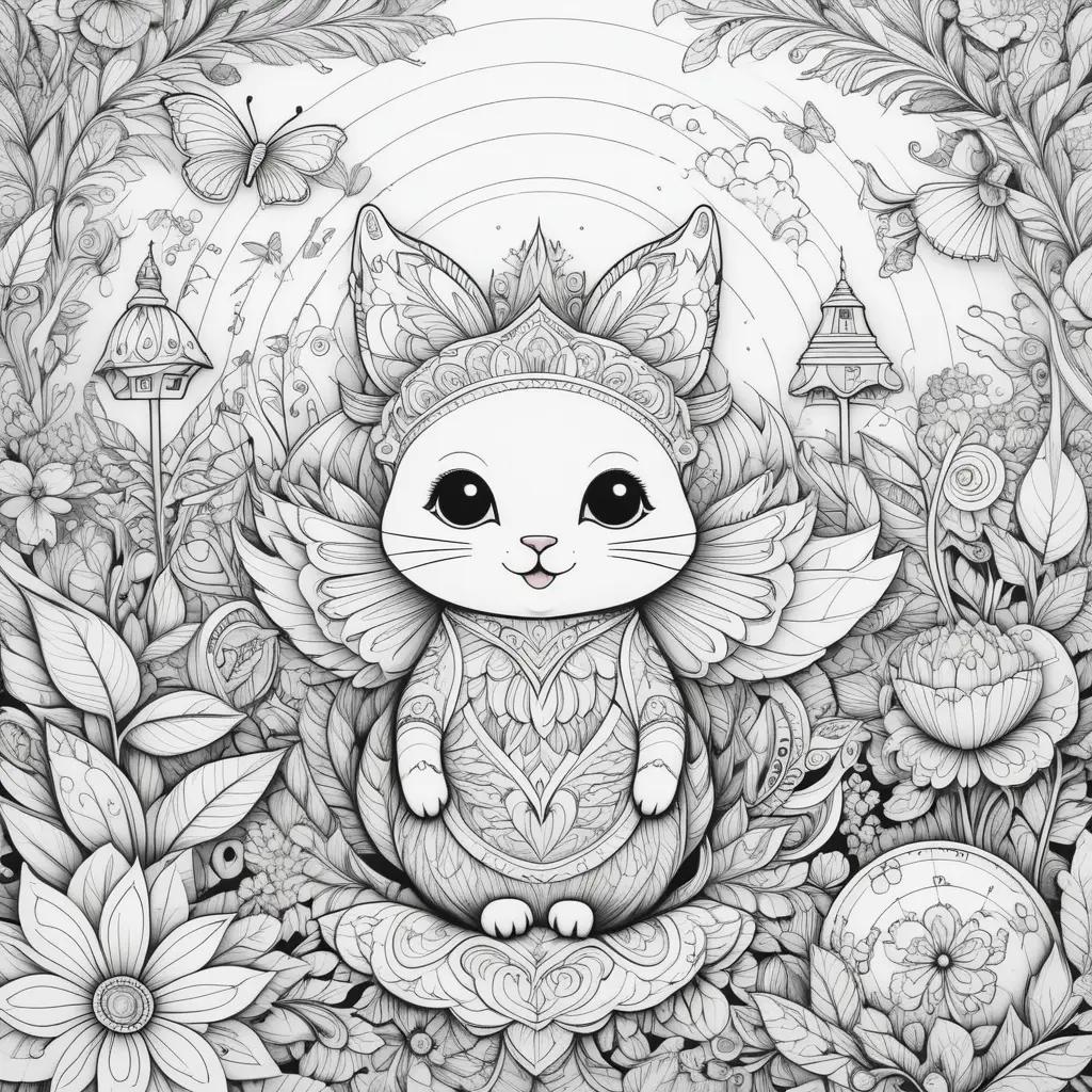 cute cat sits on a floral background in a coloring page