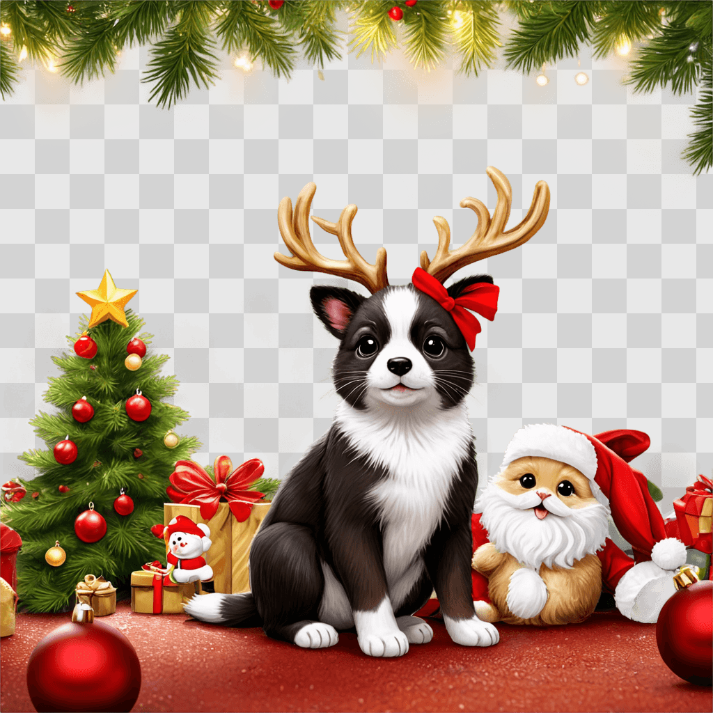 cute christmas background A black and white dog with antlers sits on red carpet in front of a Christmas tree