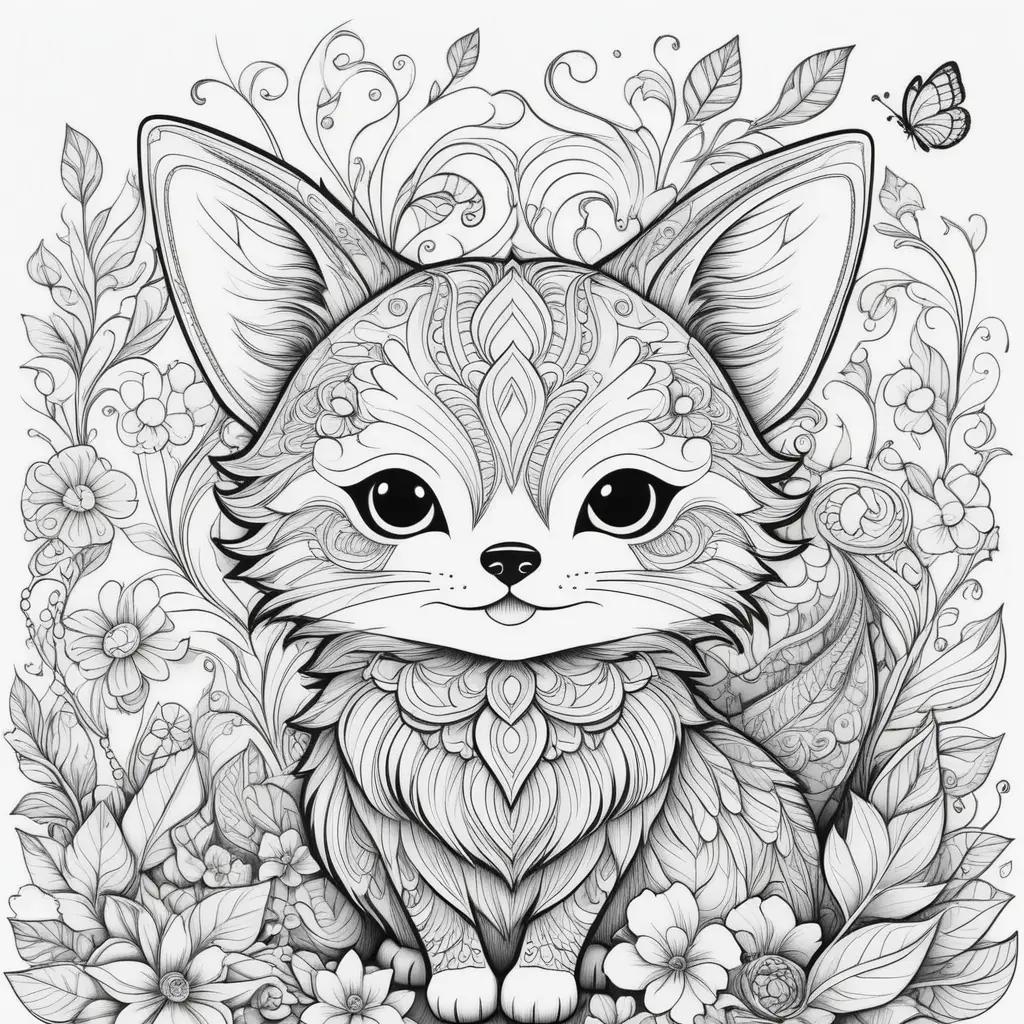 花に囲まれた子猫が描かれたかわいいぬりえ