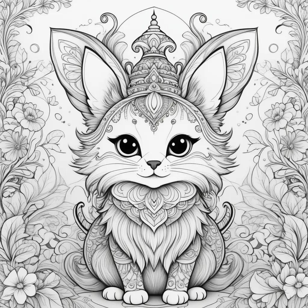 cute coloring page of a cat with a crown and flowers