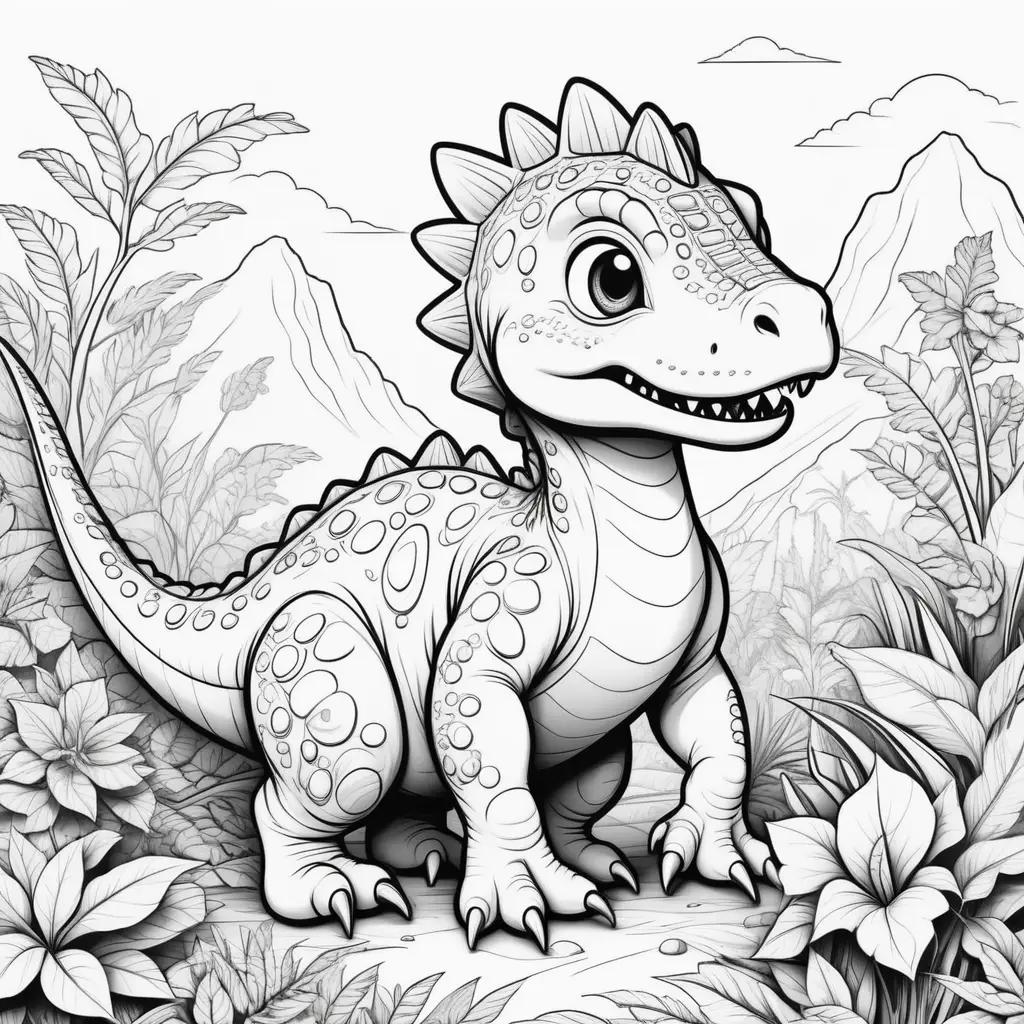 cute dinosaur coloring page with a black and white design