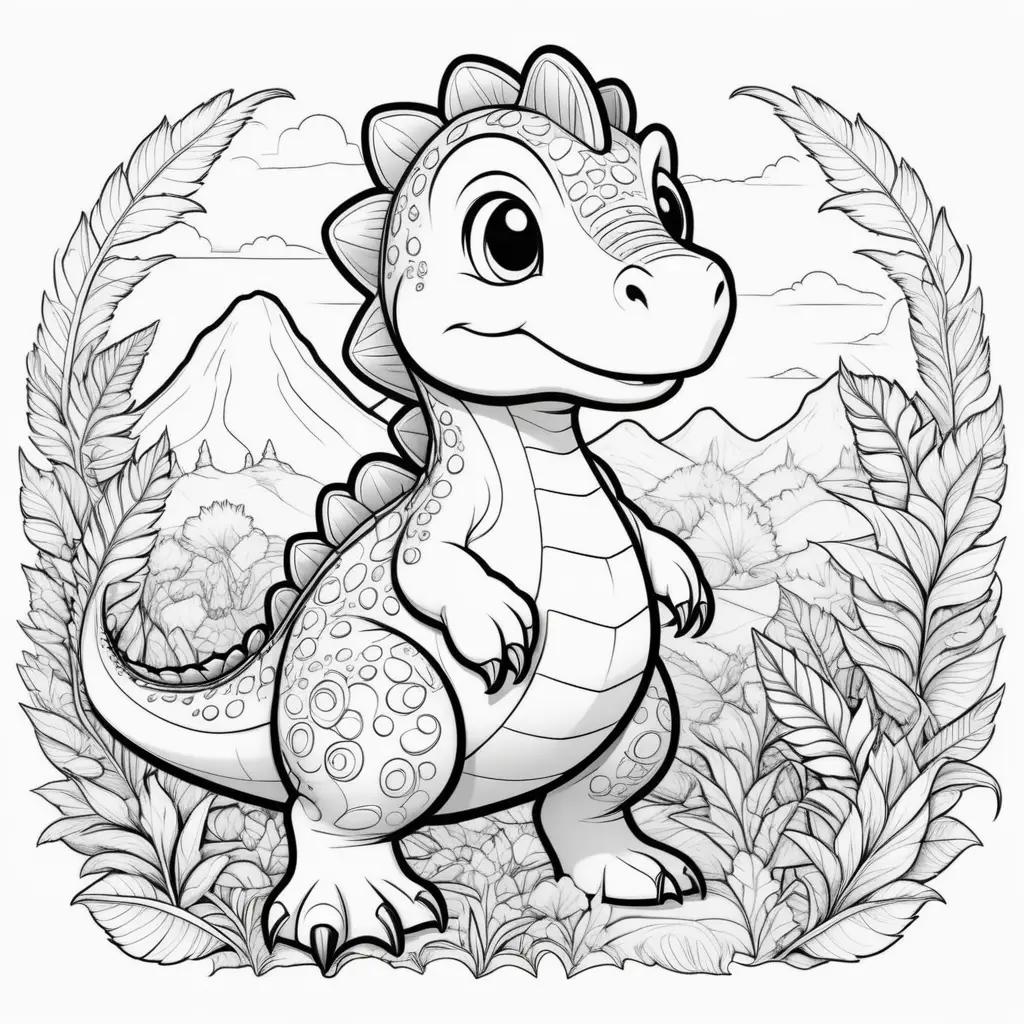 cute dinosaur coloring page with a circle of leaves around it