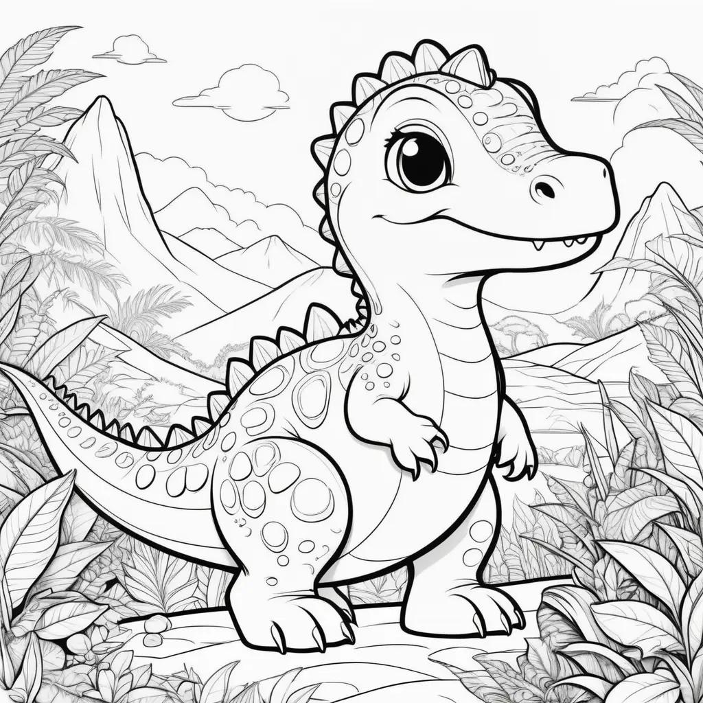 cute dinosaur coloring page with mountain scenery