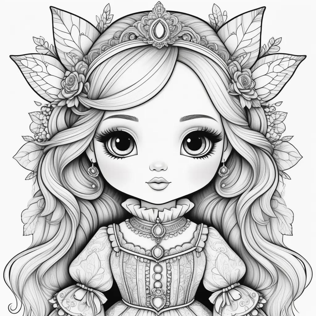 cute doll coloring page with a crown on her head