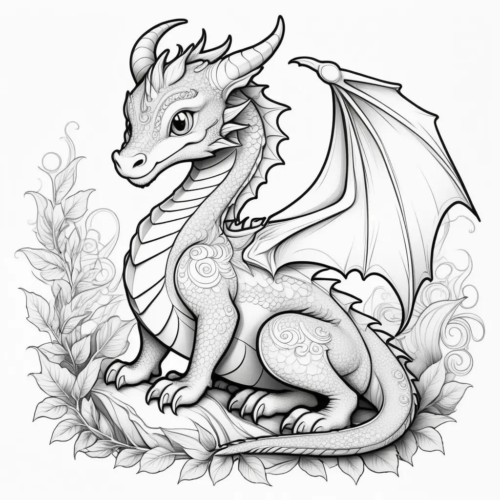 cute dragon coloring page with a leaf background