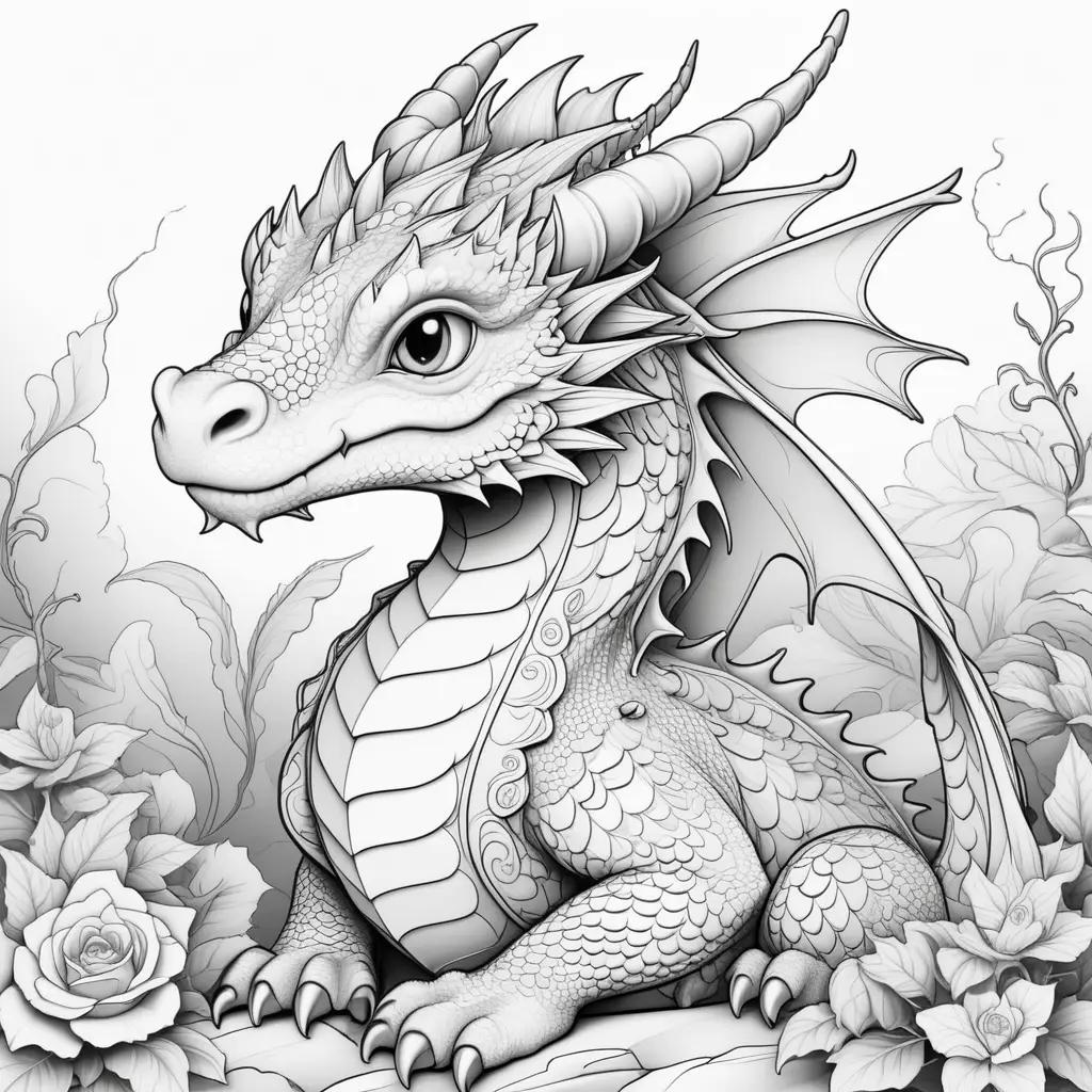 cute dragon coloring page with roses and leaves