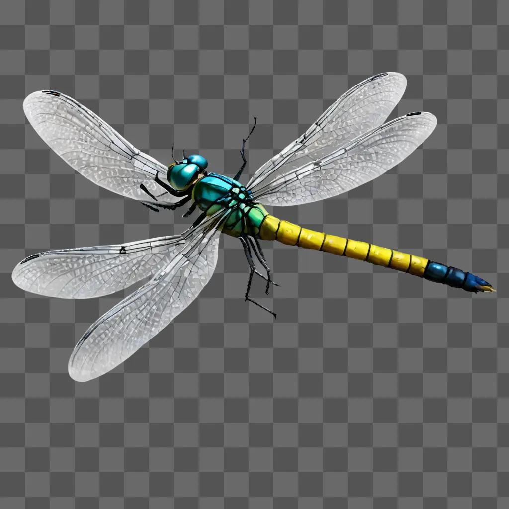 cute dragonfly drawing A blue and yellow dragonfly on a gray background