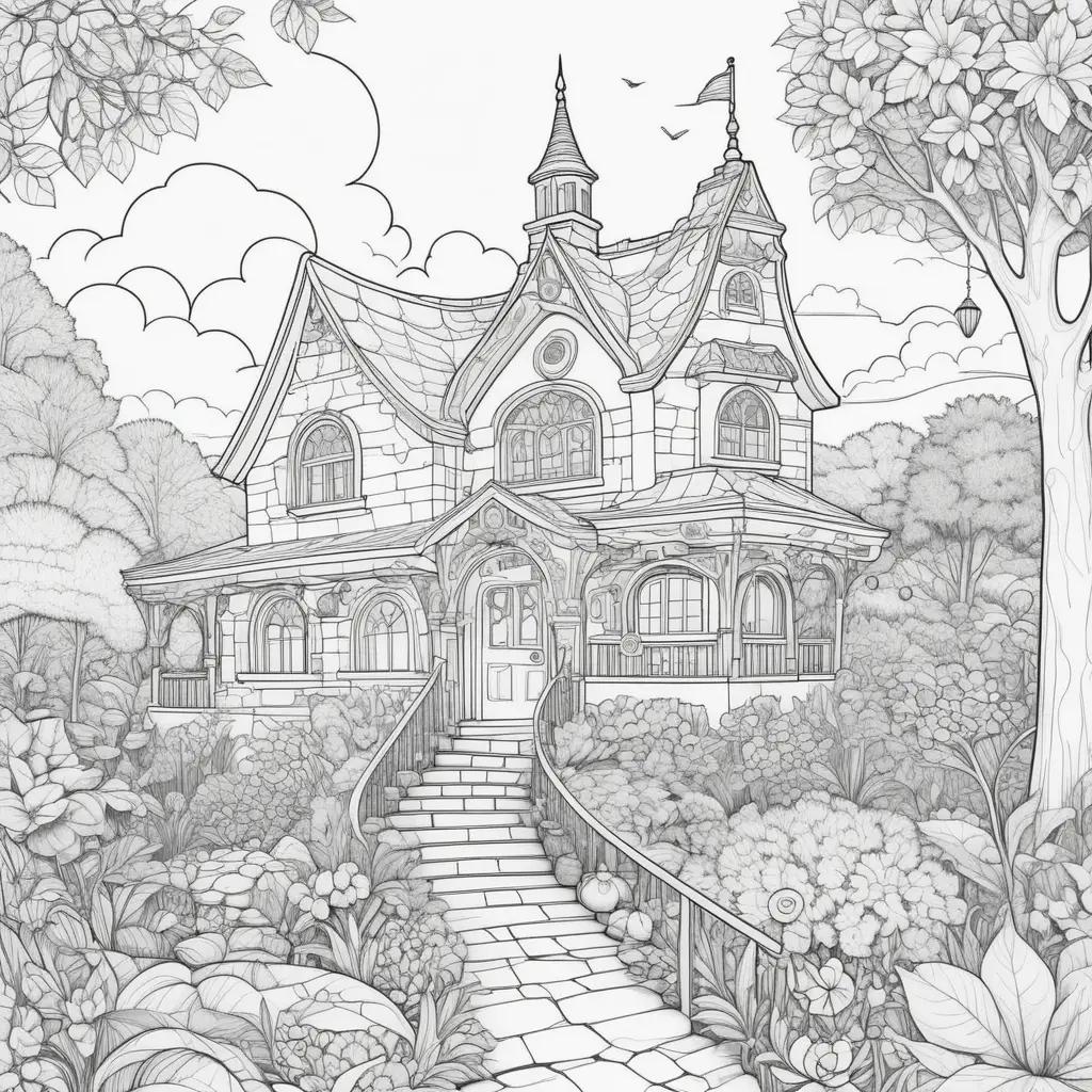 cute drawing of a pre-k coloring page with a house and a tree