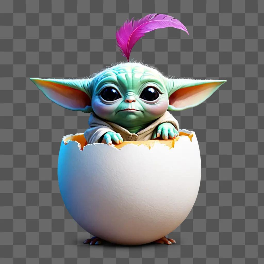 cute egg drawing A baby Yoda in a shell with a pink feather