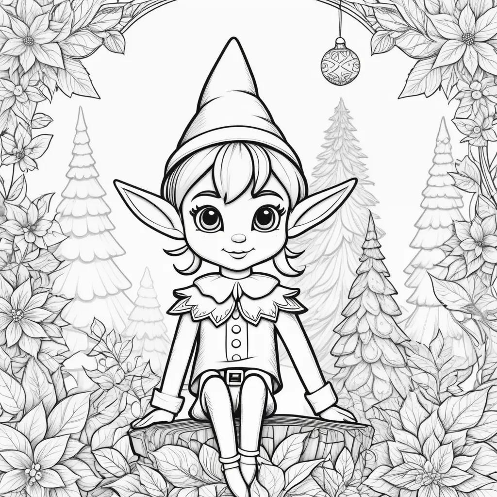 cute elf sits on a tree stump, surrounded by a festive scene