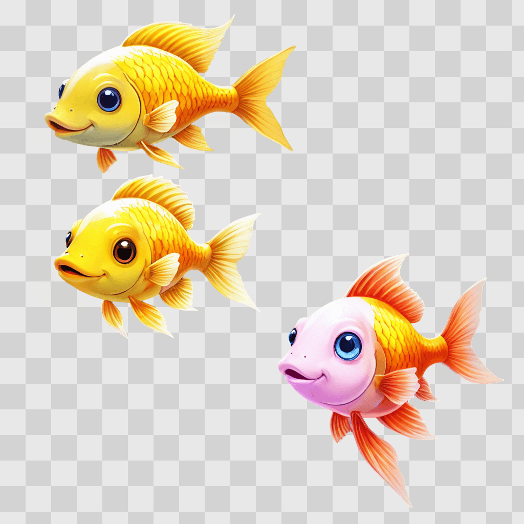 cute fish drawing Three fish with different colors on a yellow background