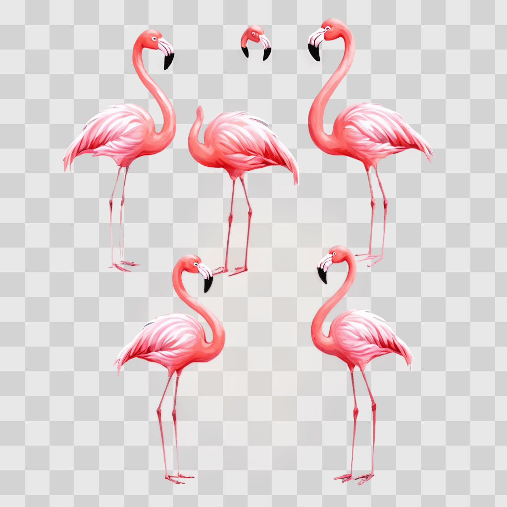 cute flamingos drawing Five pink flamingos stand in a circle on a pink background