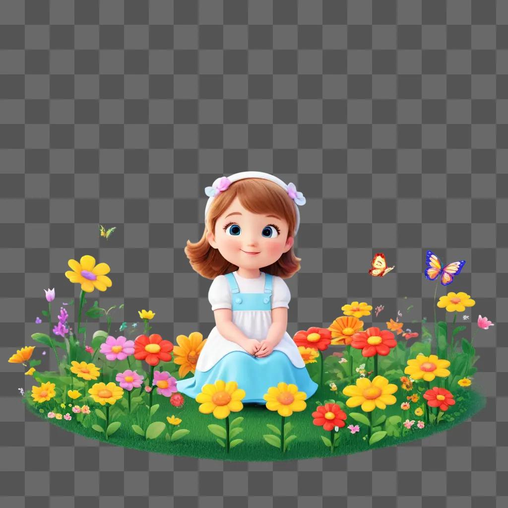 cute girl sitting in a garden surrounded by butterflies