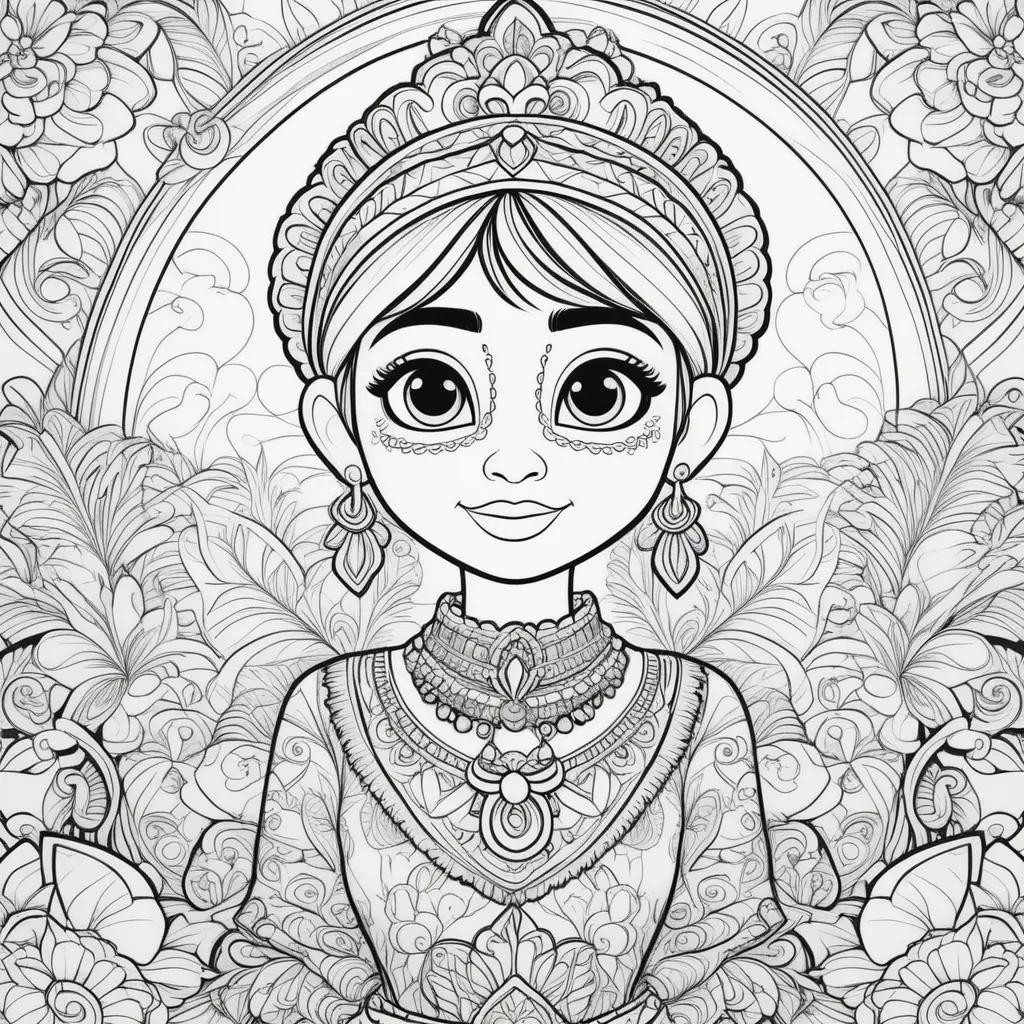 cute girl with a necklace and earrings in a coloring book