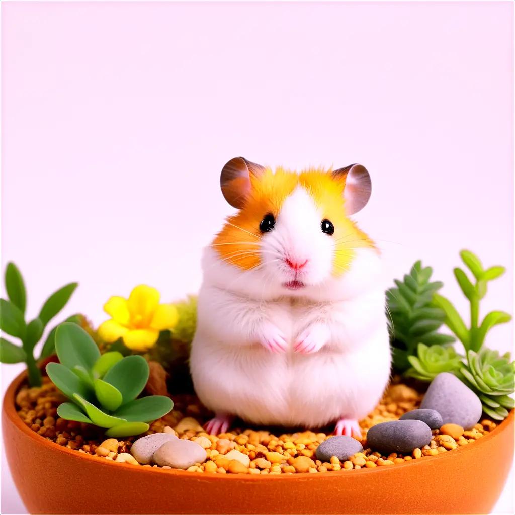 cute hamster sitting in a small pot of plants