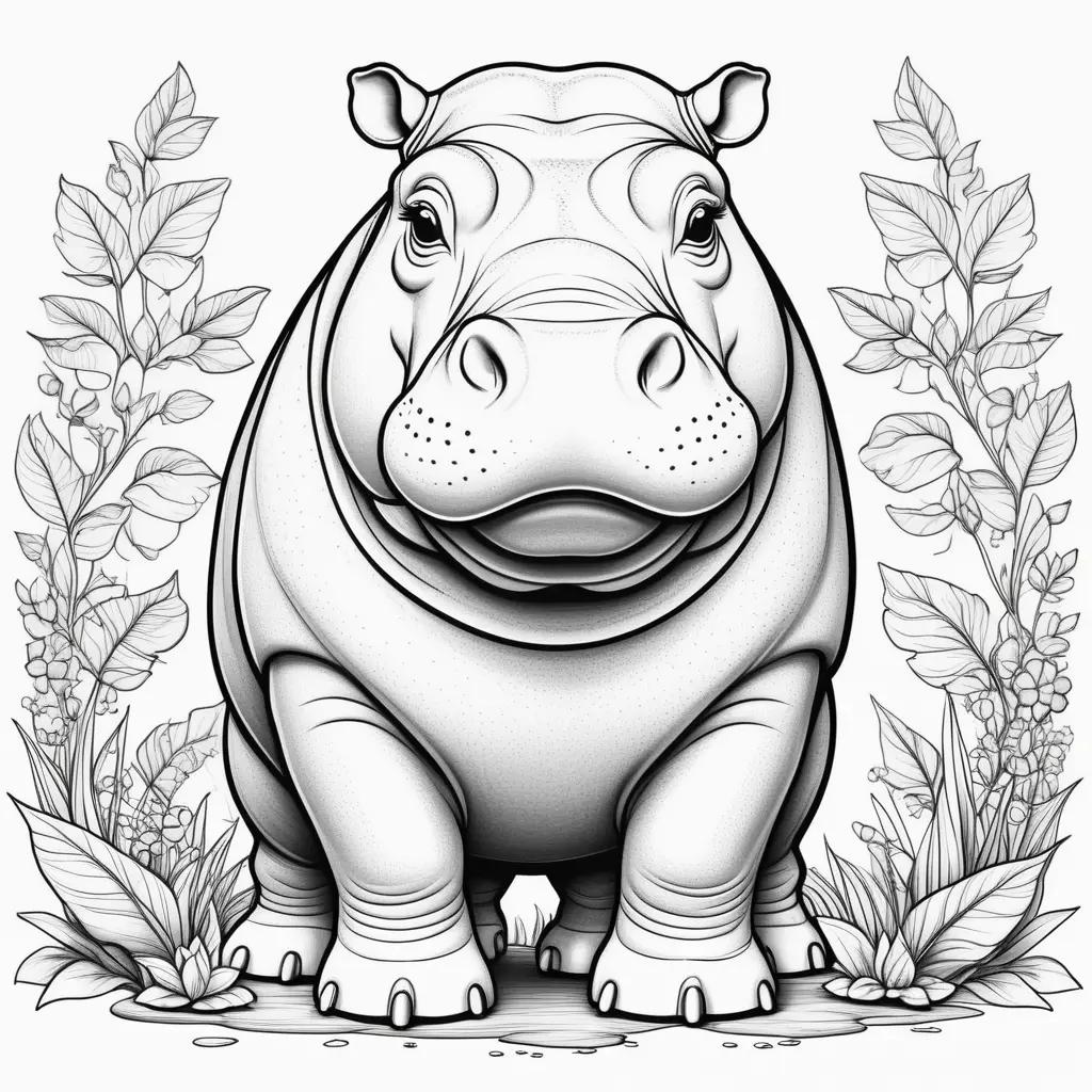 cute hippo coloring page with a green background and flowers