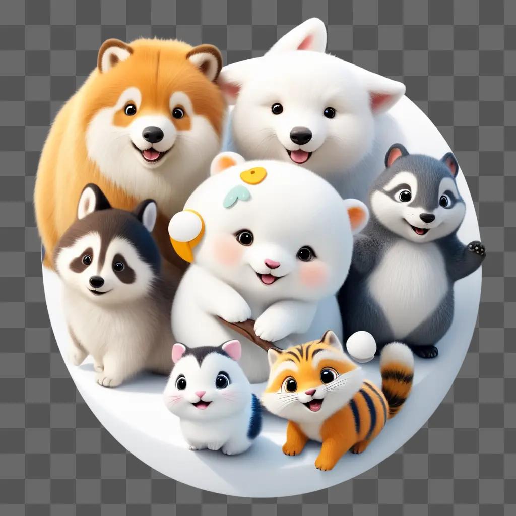 cute image of seven animals on a round white background