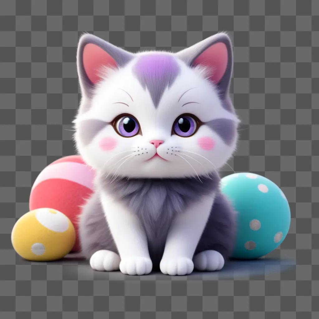 cute kawaii cat sits in front of colorful toys