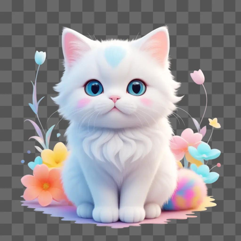 cute kawaii cat with pink eyes and blue hair