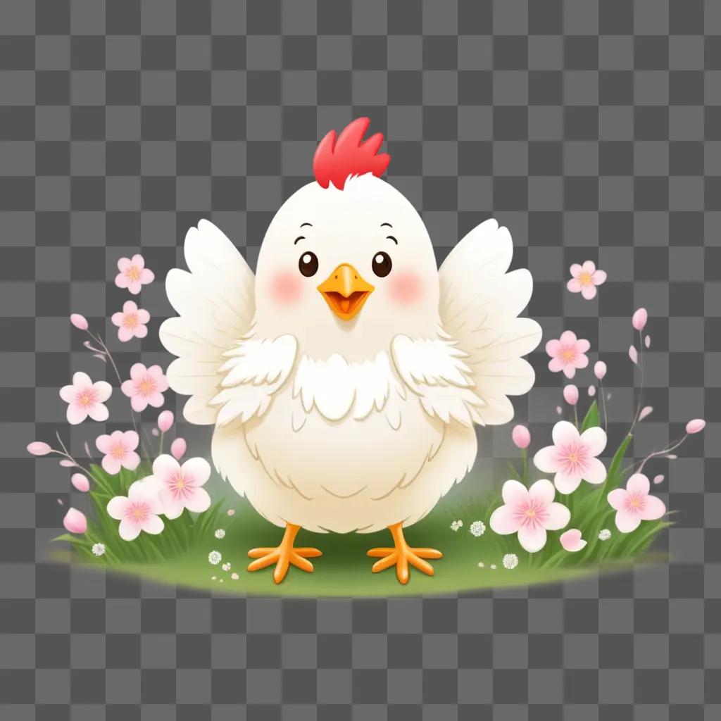 cute kawaii chicken drawing with pink flowers