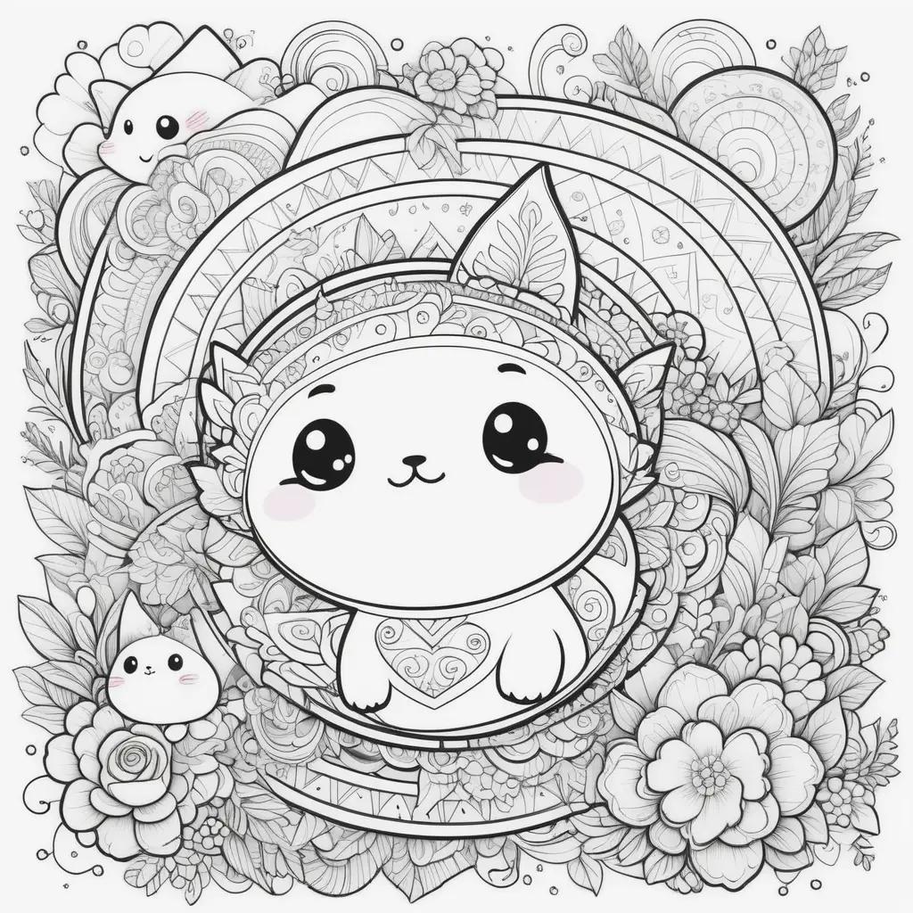 cute kawaii coloring page featuring a cat and flowers