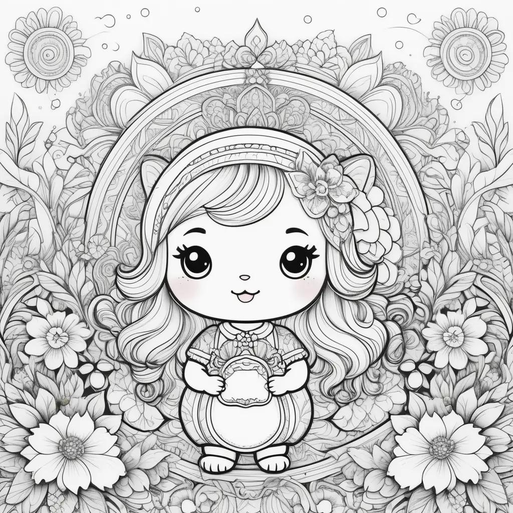 cute kawaii coloring page with flowers and a girl