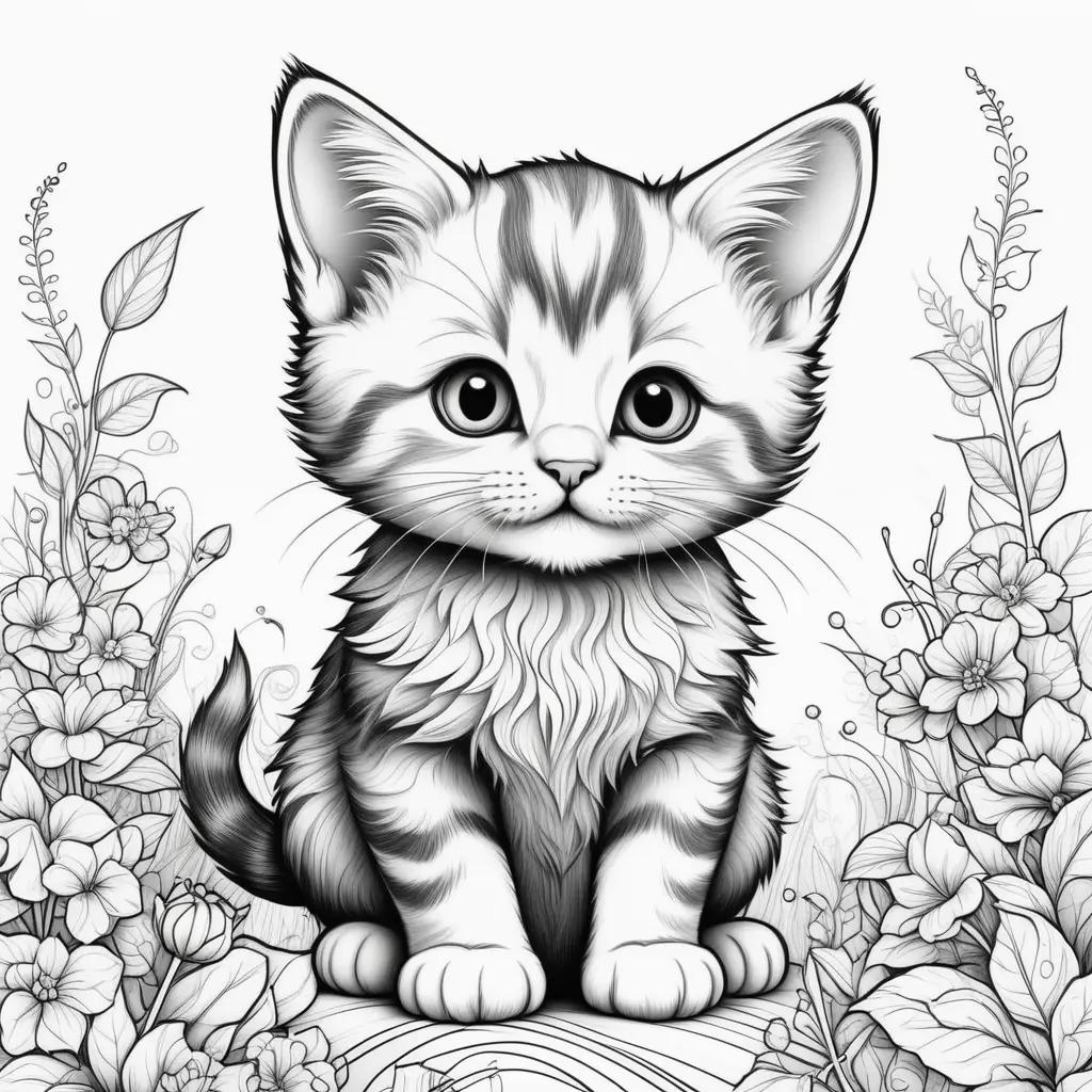 cute kitten coloring page with a black and white design