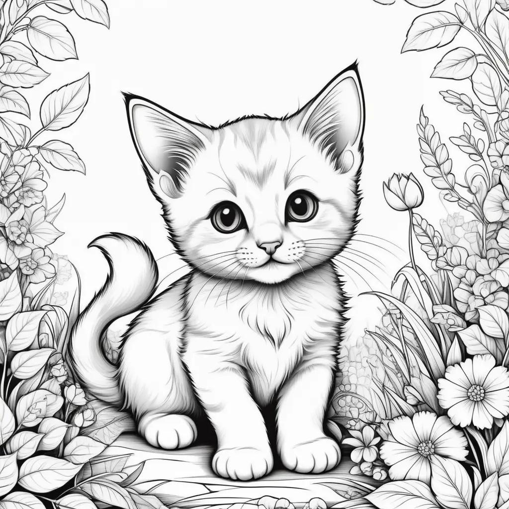 cute kitten coloring page with flowers and leaves