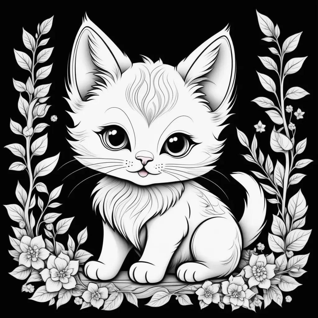 cute kitten coloring page with flowers and leaves